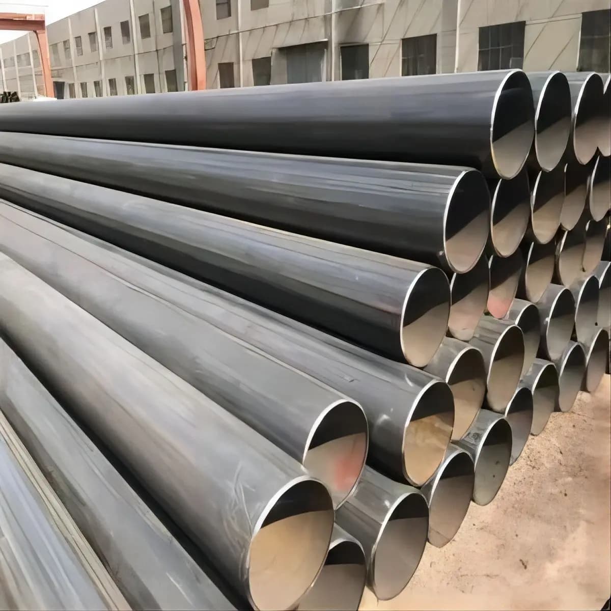 ASTM A53 carbon steel ERW pipes stacked at warehouse